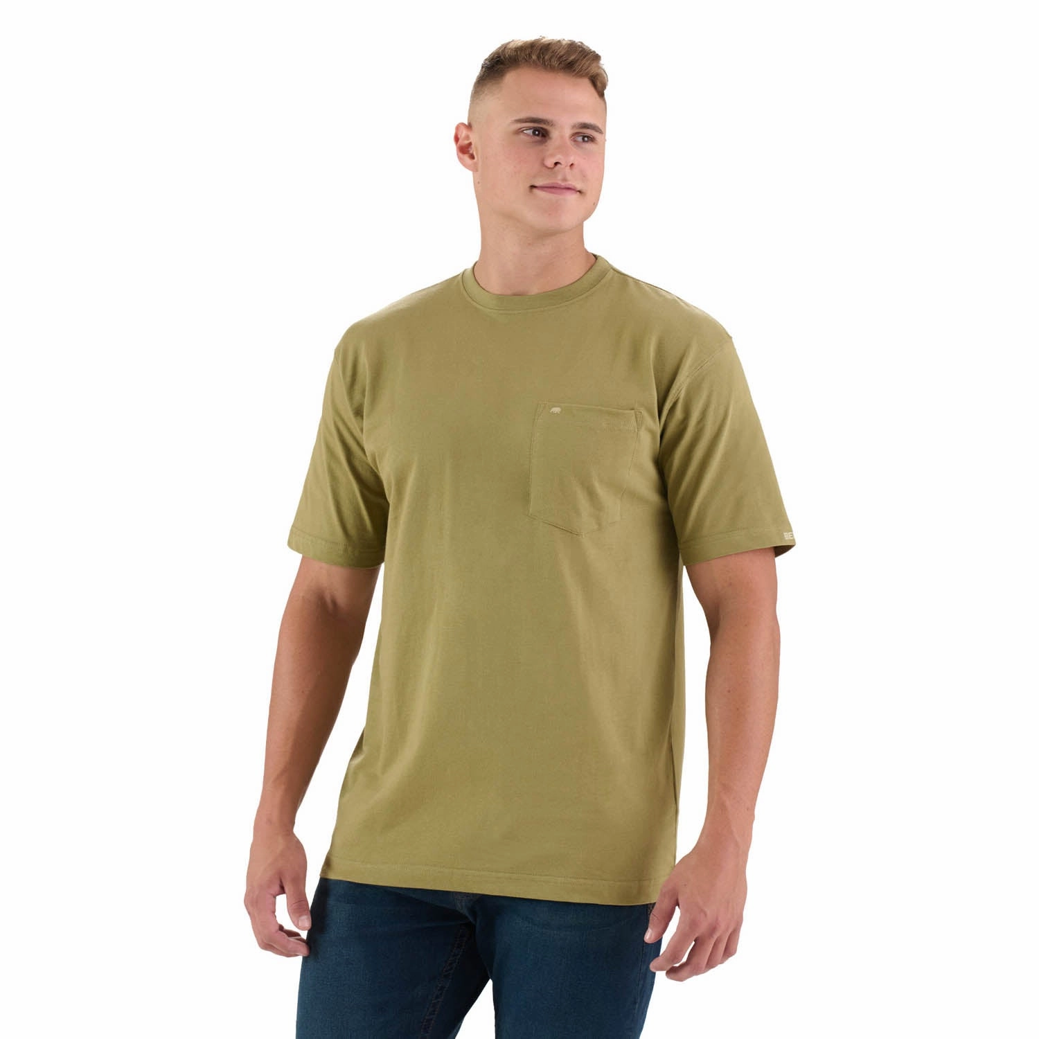 Berne Mens Light Olive 100% Cotton Heavyweight Pocket Tee S/S UV Protection