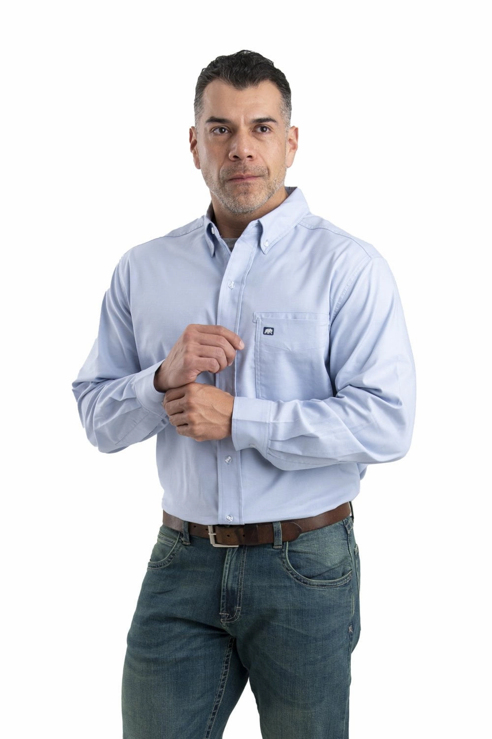 Berne Mens Marled Blue Heron Cotton Blend Foreman Flex Button Down Shirt L/S Trendsetting Design slim cut