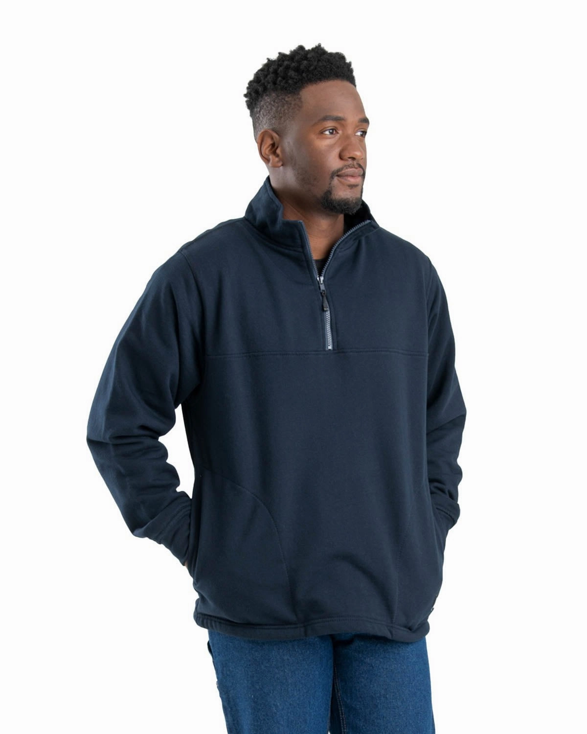 Anti Pilling Finish Seasonal Fashion Berne Mens Navy Cotton Blend Fleece Quarter Zip