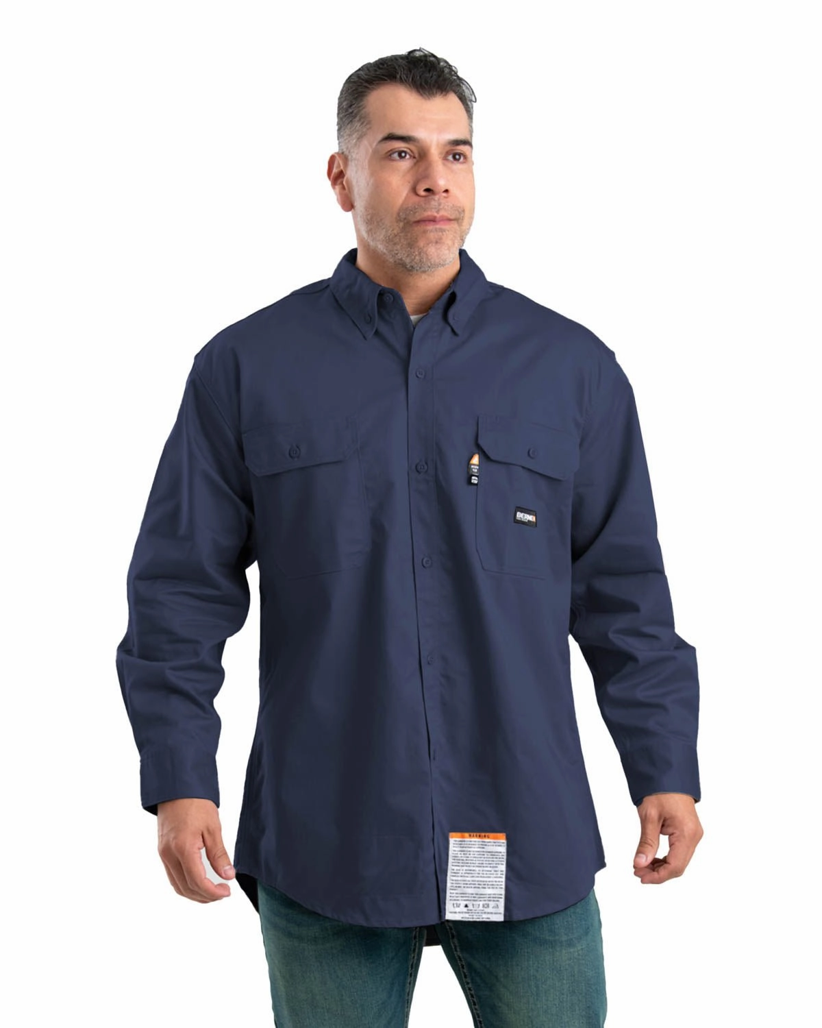 Berne Mens Navy Cotton Blend FR Button Down Workshirt L/S Button front Perfect Fit