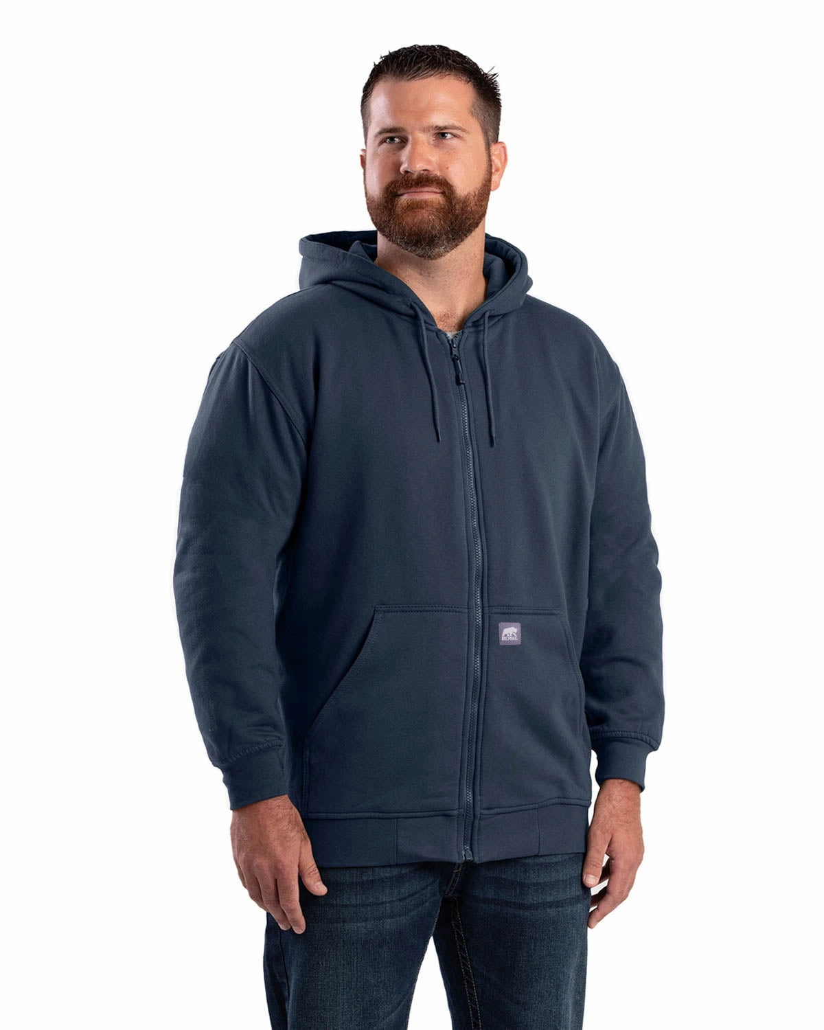 No Slip Shoulder Grip Polished Placket Berne Mens Navy Cotton Blend Hooded Sweatshirt