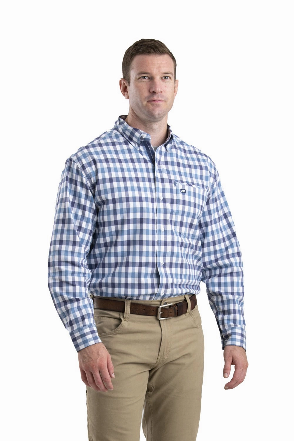 Youth fashion Berne Mens Plaid Blue U Cotton Blend Foreman Flex Button Down Shirt L/S