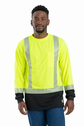 Berne Mens Yellow Polyester Hi-Vis Class 2 Color Block Tee L/S Trendy Look Stylish Element