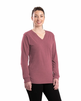 Berne Womens Performance V-Neck Mauve Cotton Blend L/S T-Shirt Wrinkle-Free