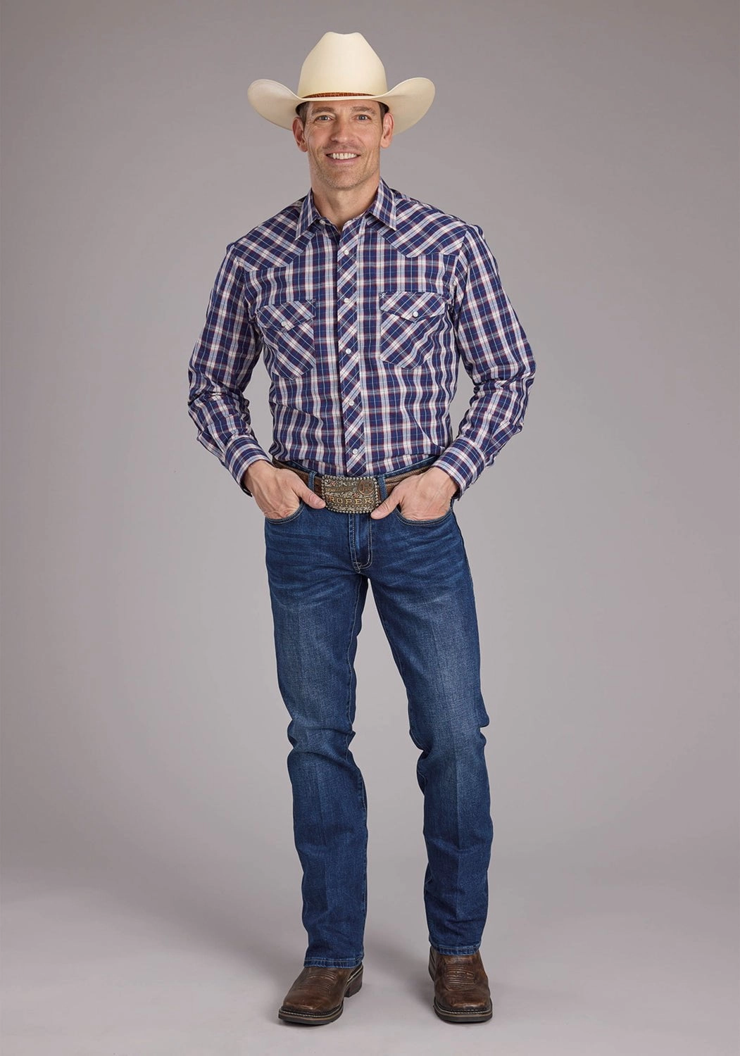 Roper Mens 2414 Multi Plaid Blue Cotton Blend L/S Shirt Loose Comfort Timeless Piece