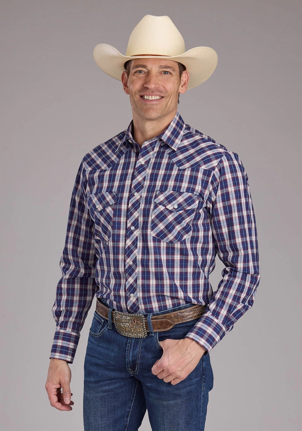 Smart Look Roper Mens 2414 Multi Plaid Blue Cotton Blend L/S Shirt