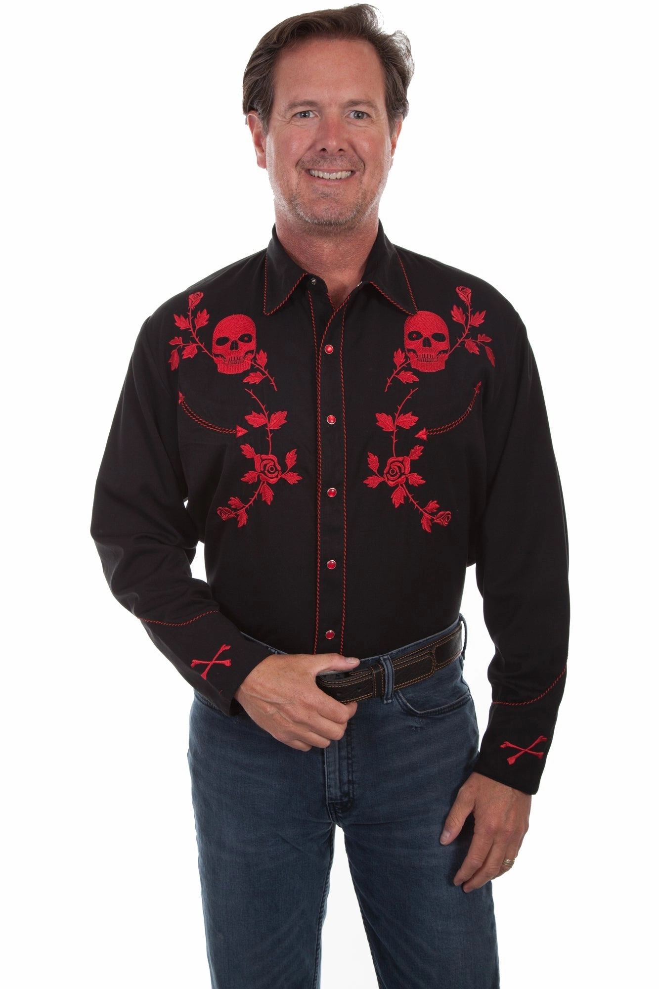 Scully Mens Red Poly/Rayon Skull/Rose L/S Shirt Seasonal Fashion