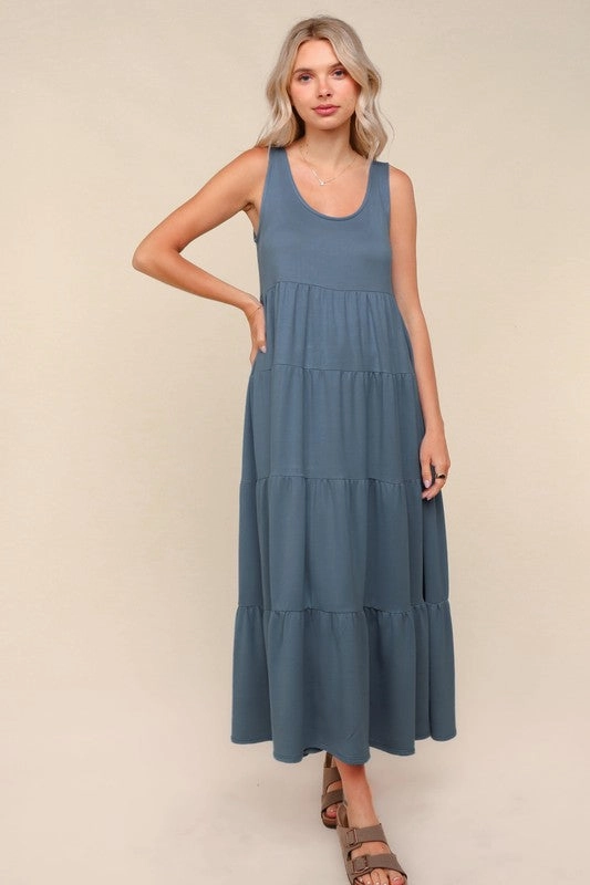 Bethany Solid Tiered Maxi Baby French Terry Dress Timeless Trend Anytime Fit