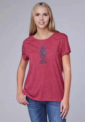 Flexible Shoulder Construction stain resistant coating Roper Womens What In Carnation Plum Poly/Rayon S/S T-Shirt