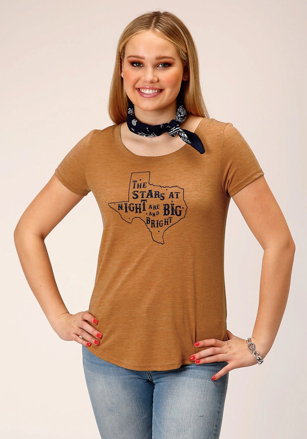 Lace Accent Roper Womens Stars Big and Bright Tobacco Brown Poly/Rayon S/S T-Shirt