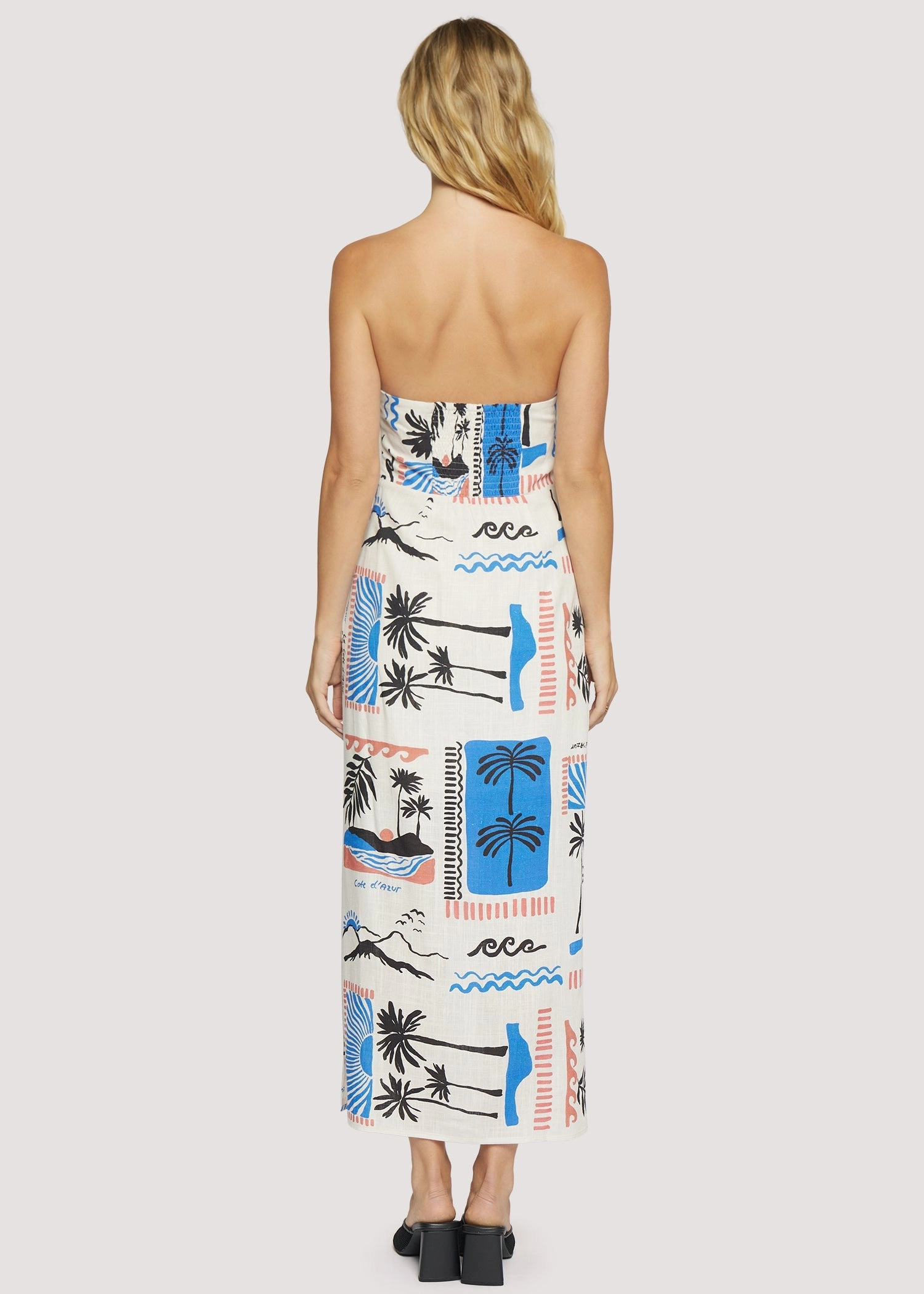 V-Neck Azure Paradiso Strapless Maxi Dress in Cream/Blue Multi