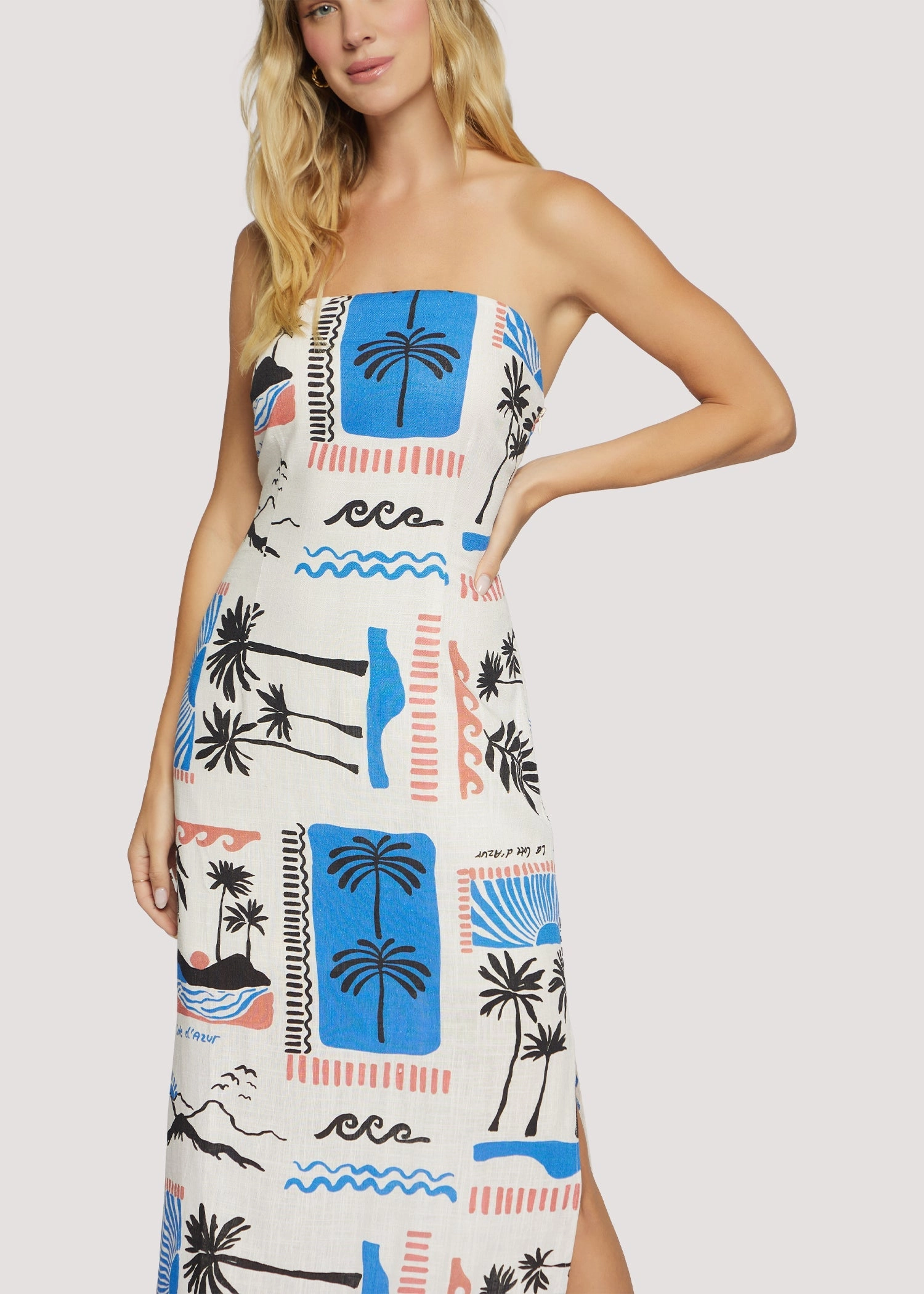 Stylish and Comfortable Crinkle Effect Azure Paradiso Strapless Maxi Dress in Cream/Blue Multi