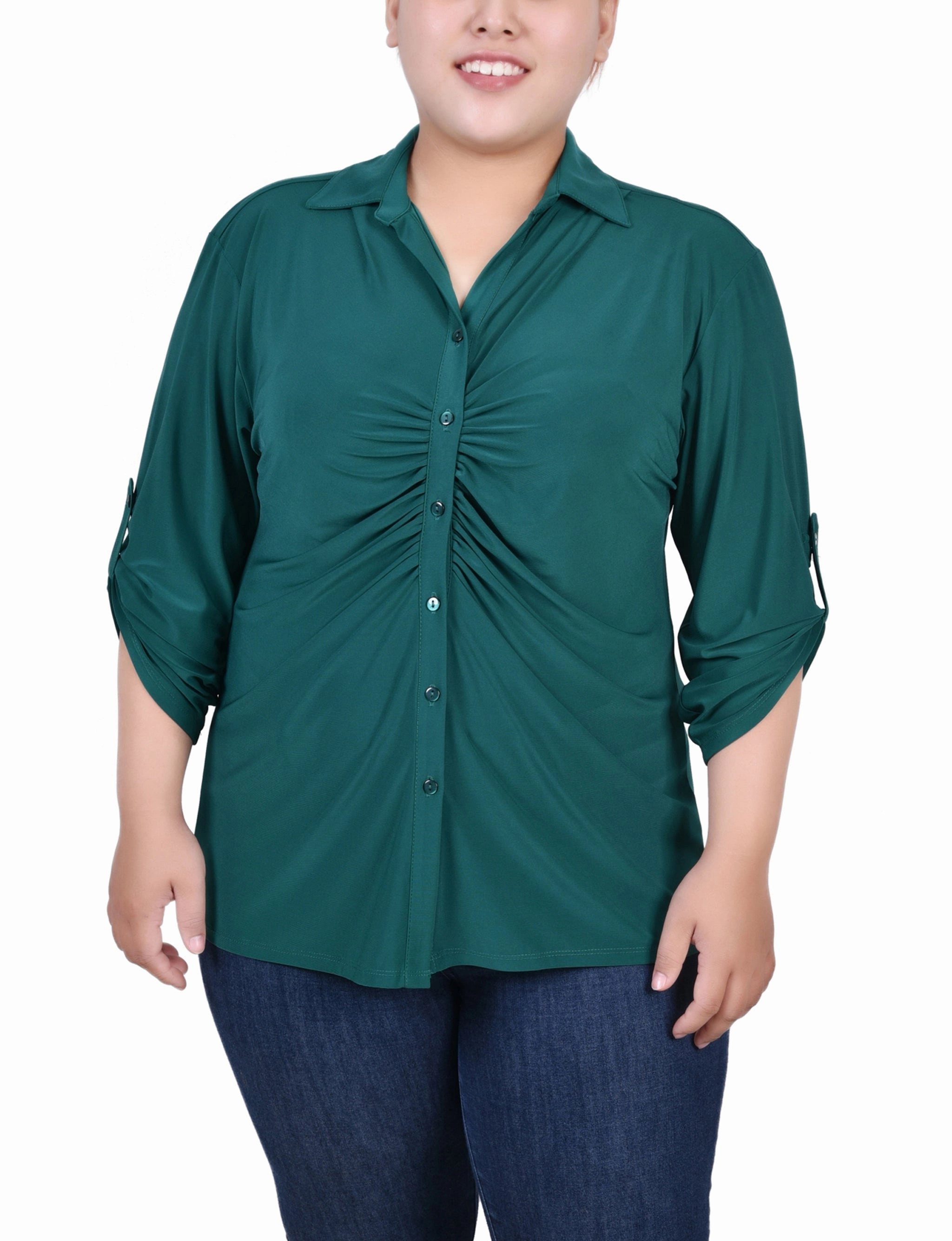 Plus Size 3/4 Roll Tab Rouched-Front Top Classic Move