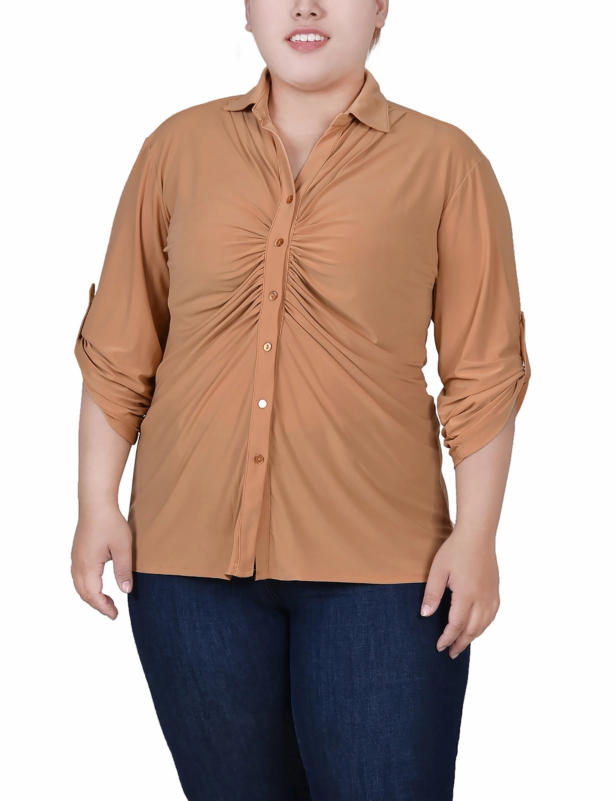 Casual Chic Plus Size 3/4 Roll Tab Rouched-Front Top