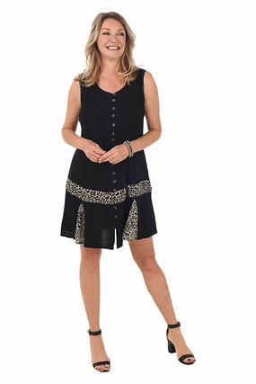 Simple Form Black Animal Embroidery Button-Front Tank Dress