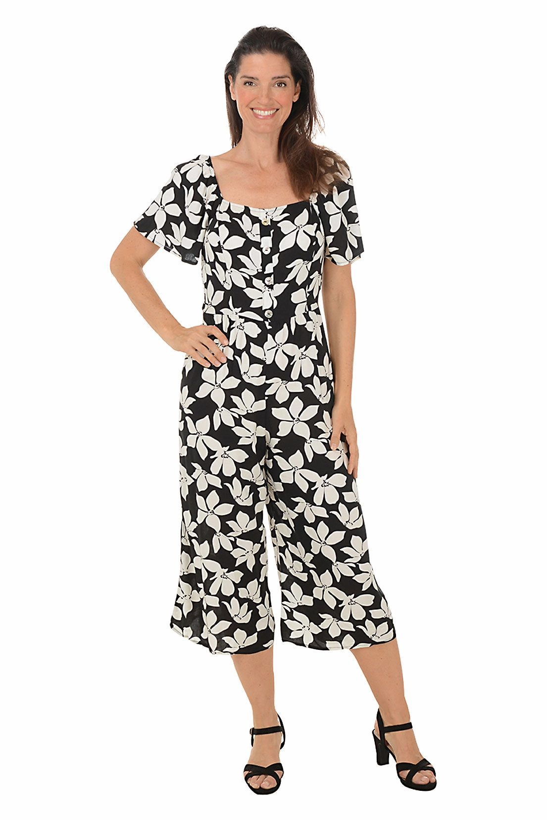 Regular-fit Hand-Wash Black Floral Square Neck Jumpsuit
