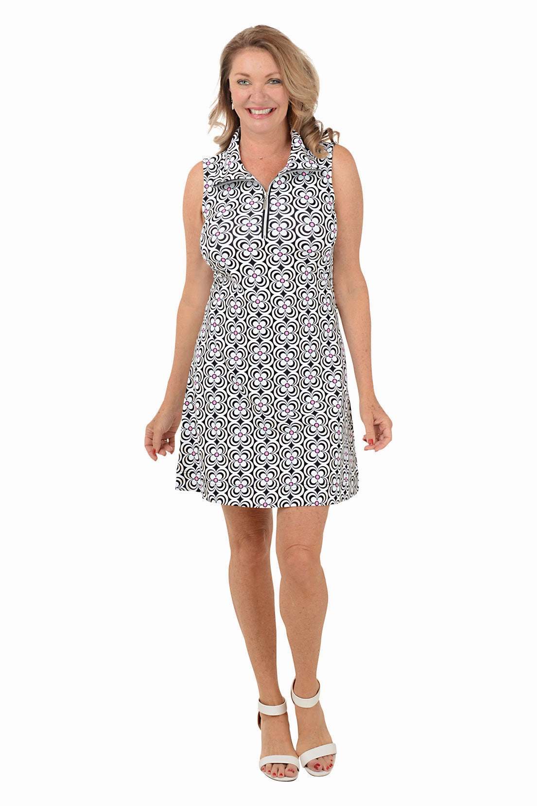 Black Optical Daisy UPF50  Sleeveless Dress Edgy Twist Beach Walk