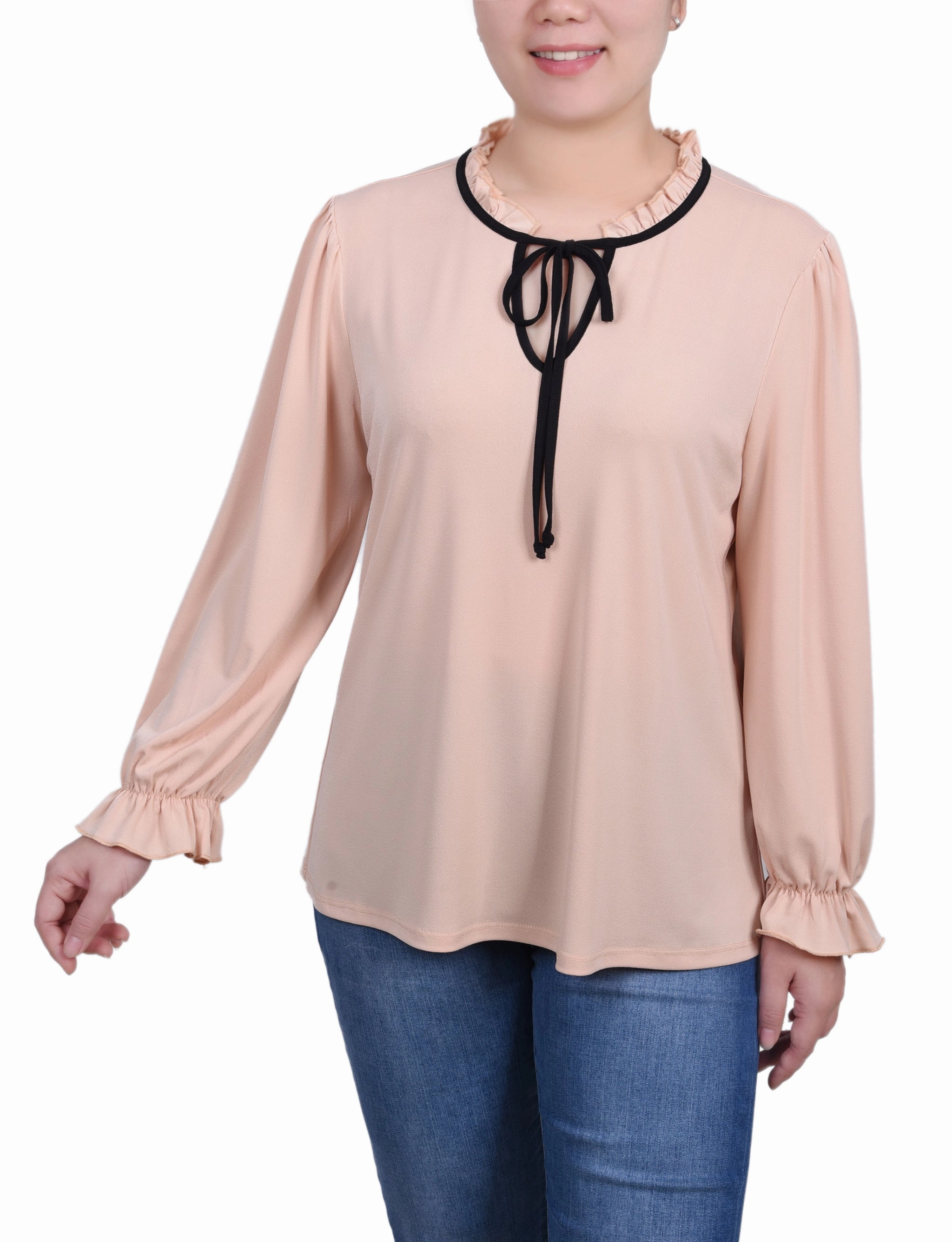 Petite Long Sleeve Tie Neck Top Soft Finish