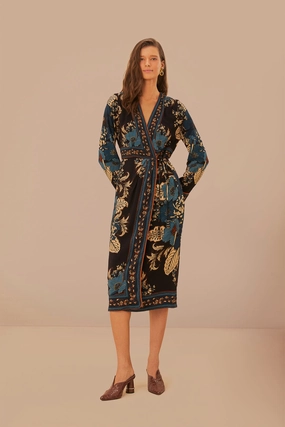 Influencer-Approved Smooth Drape Blossom Tapestry Midi Dress in Black