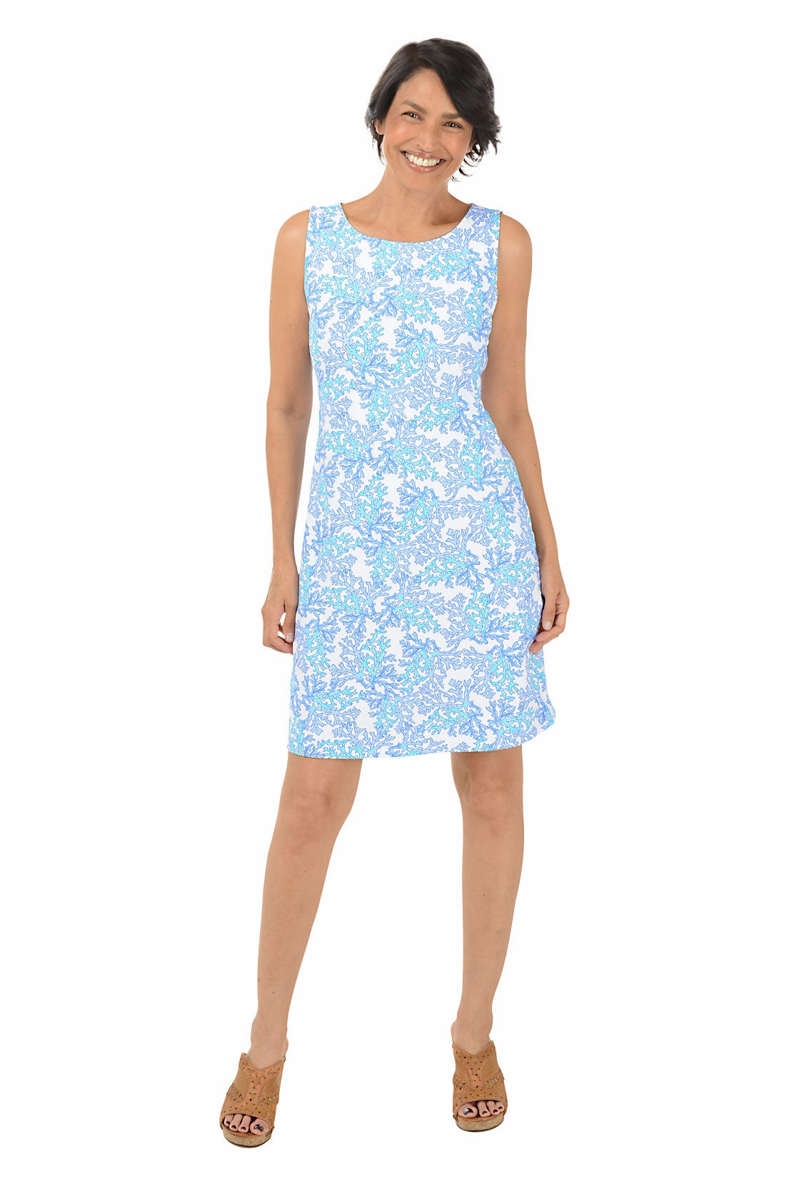 Easy Pretty Subtle Charm Blue Coral UPF50  Sleeveless Shift Dress