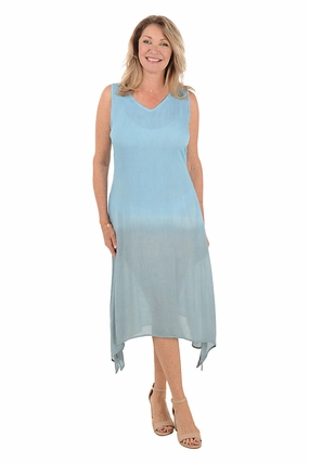 Blue Dip-Dye Sleeveless Midi Dress LayeredHemline