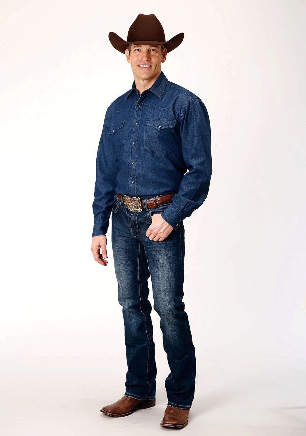 Roper Mens Dark Blue 100% Cotton Denim BD L/S Western Shirt Customizable Option