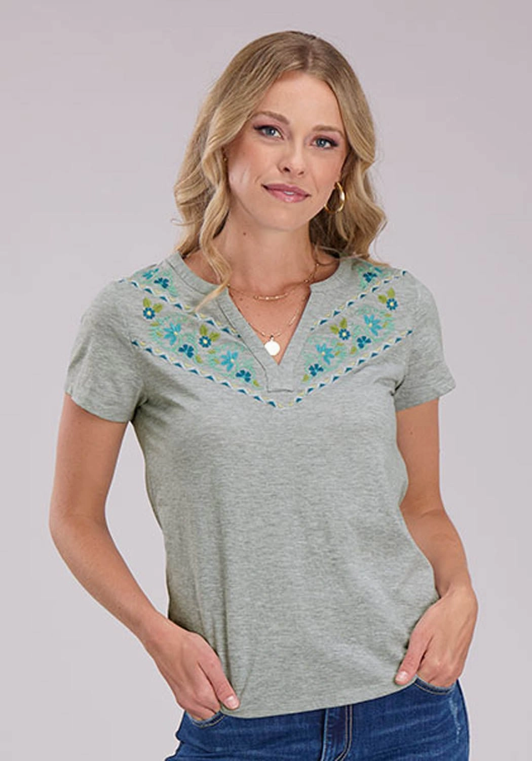 Relaxed Vibe Earthy Hue Roper Womens Banded Collar Embroidery Grey Poly/Cotton S/S Tunic