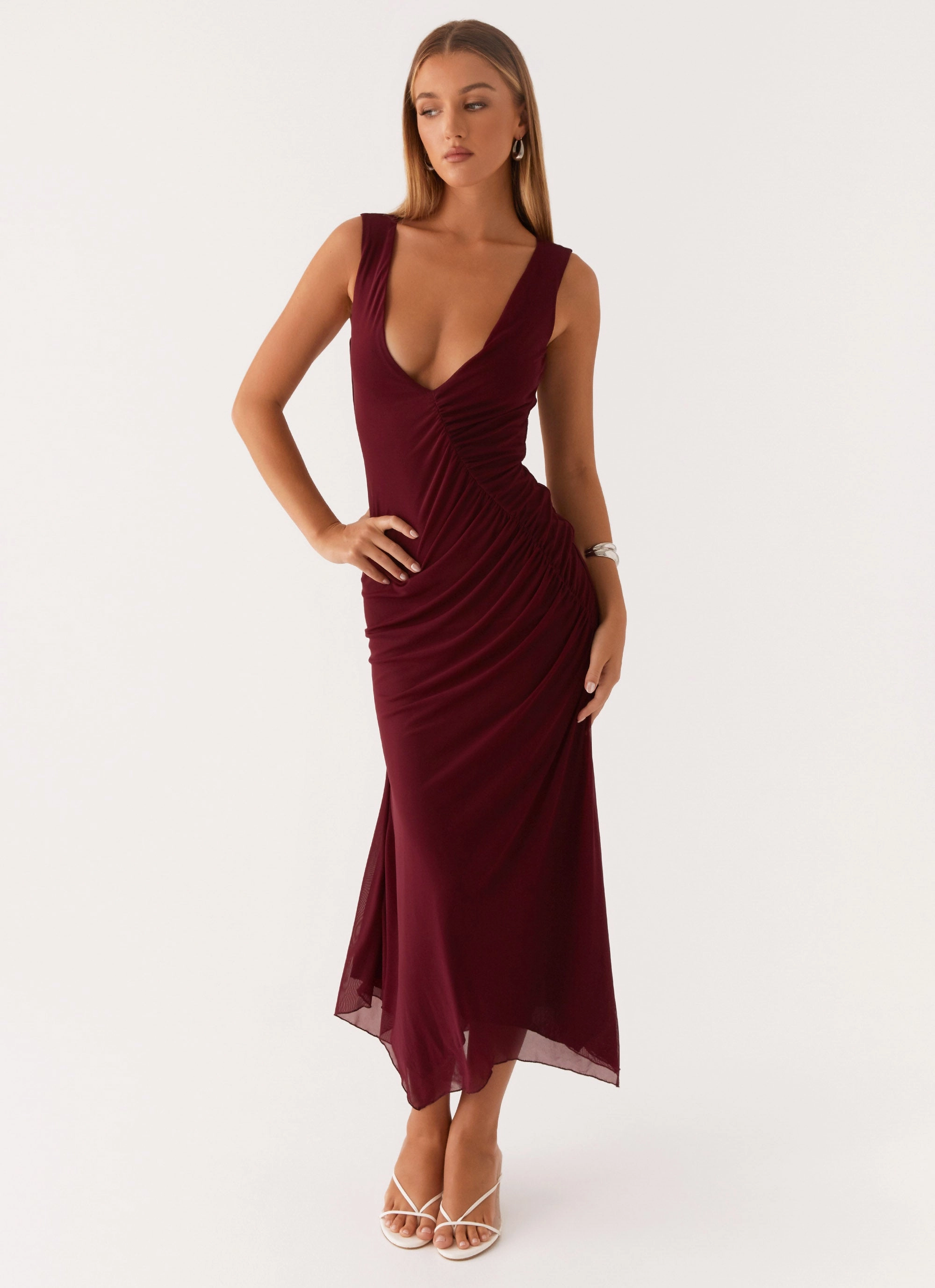 Garden Fresh Sleek Drape Murphy Maxi Dress - Deep Maroon