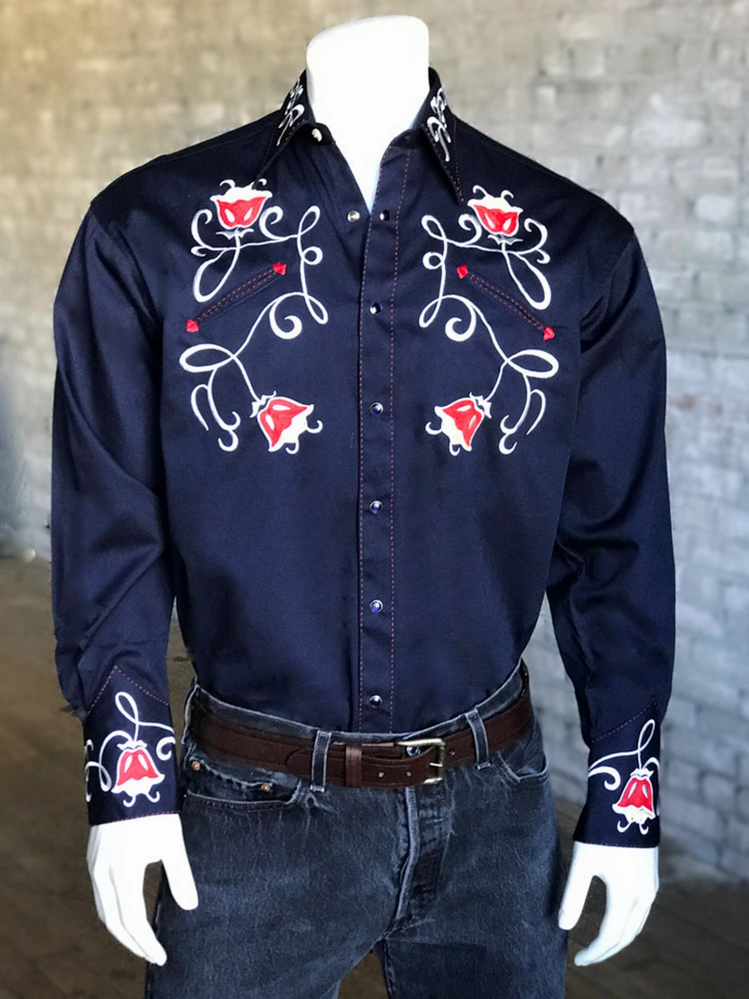 Rockmount Mens Art Deco Floral Navy 100% Cotton L/S Shirt Smart Appearance Travel Friendly