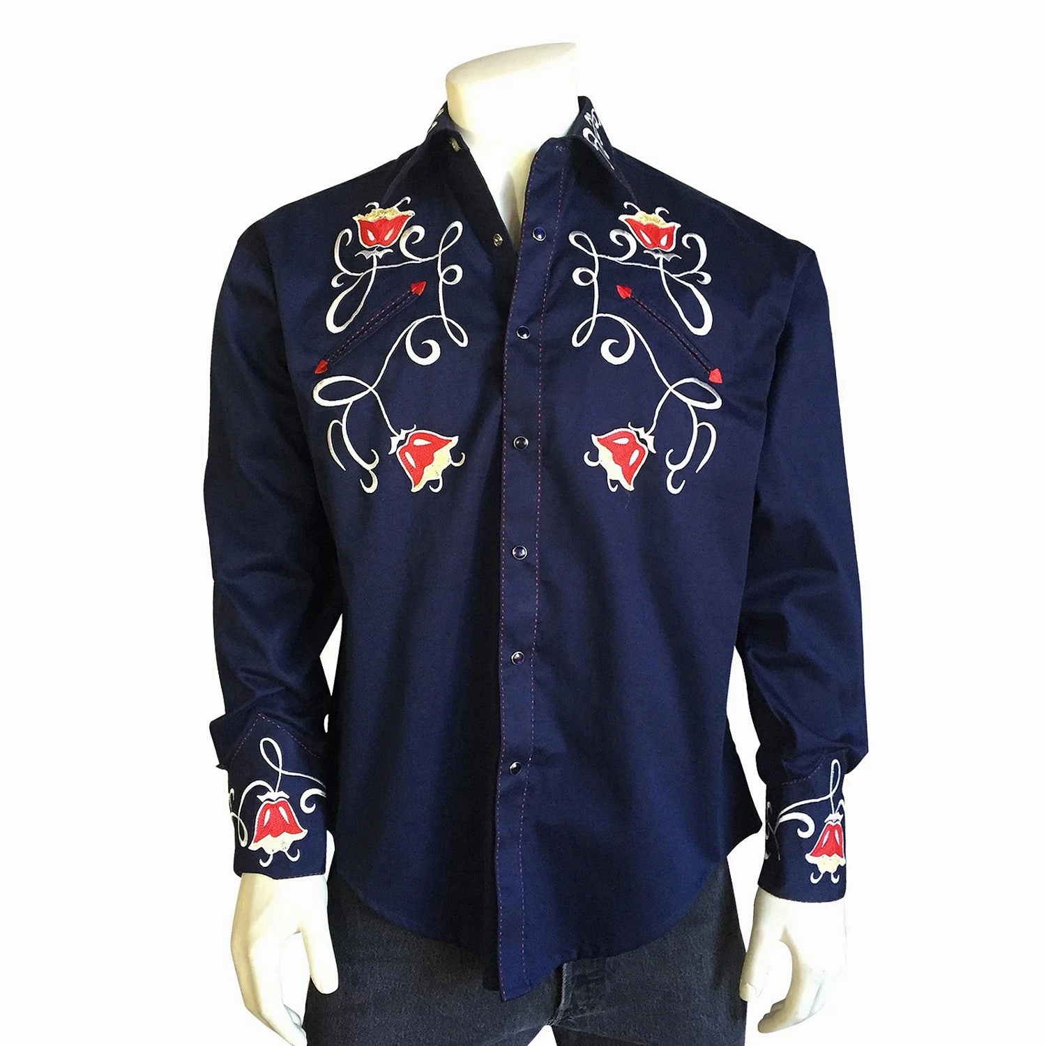 Workwear Essential Nautical Look Rockmount Mens Art Deco Floral Navy 100% Cotton L/S Shirt