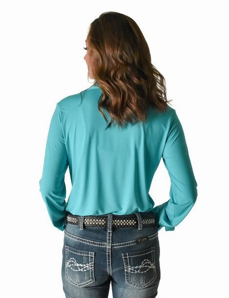 Cowgirl Tuff Womens Breathe Instant Pullover Turquoise Nylon L/S Blouse Solid Hue Wedding guest