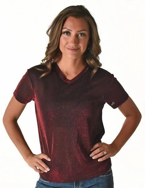 Cowgirl Tuff Womens Shimmer Breathe V Dark Red Nylon S/S T-Shirt Layered Hemline Trendsetting Design