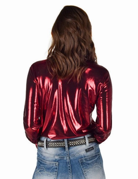 Resort Wear Cowgirl Tuff Womens Shiny Metallic Red Polyester L/S Shirt