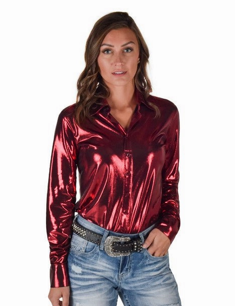 Fitted Silhouette On-The-Go Style Cowgirl Tuff Womens Shiny Metallic Red Polyester L/S Shirt