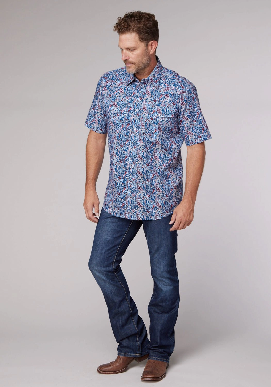 Moisture wicking Roper Mens 2024 River Paisley Blue 100% Cotton S/S Shirt