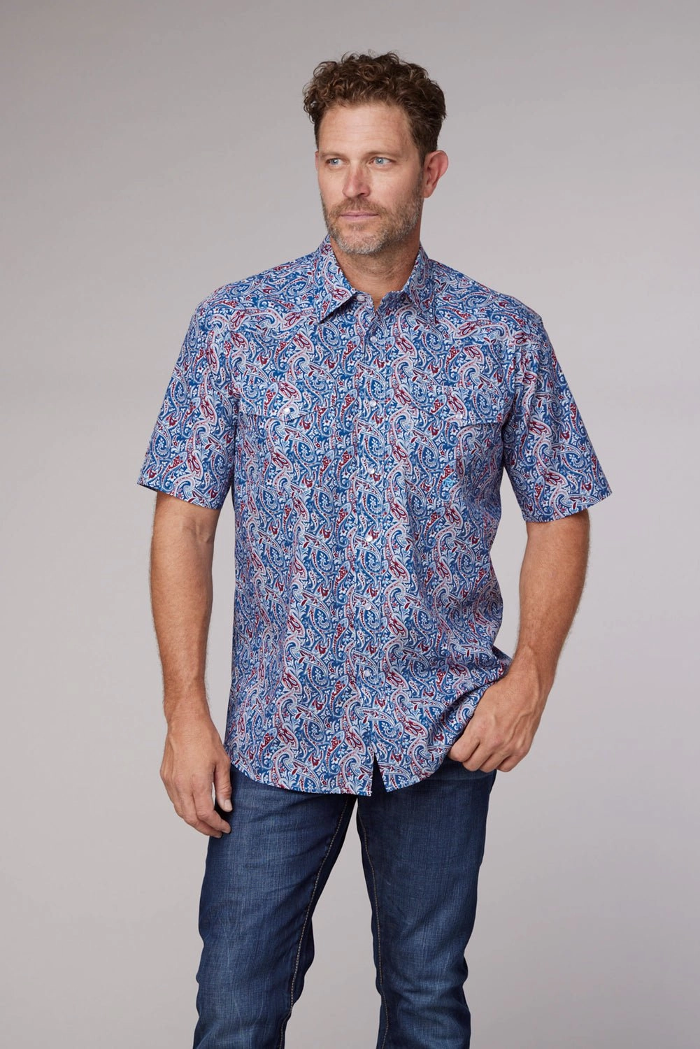 Cultural Inspired Morning Comfort Roper Mens 2024 River Paisley Blue 100% Cotton S/S Shirt