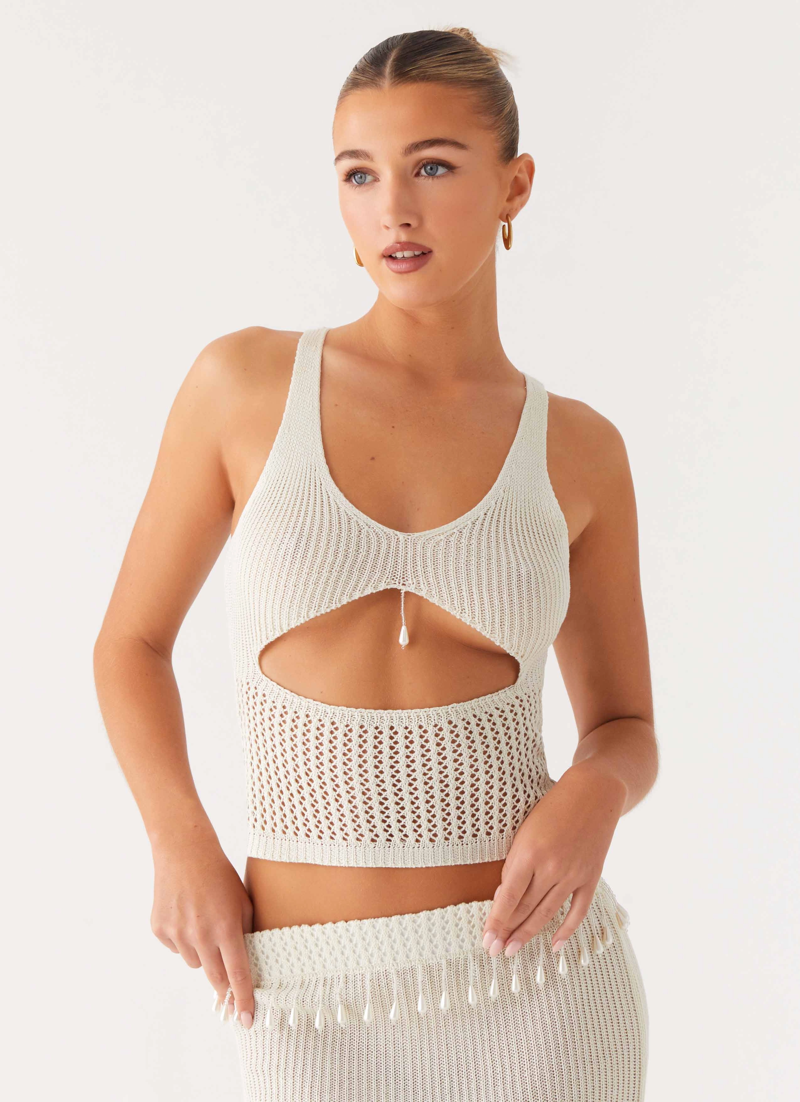 Foldable Design Laser cut Basilia Knit Top - Off White