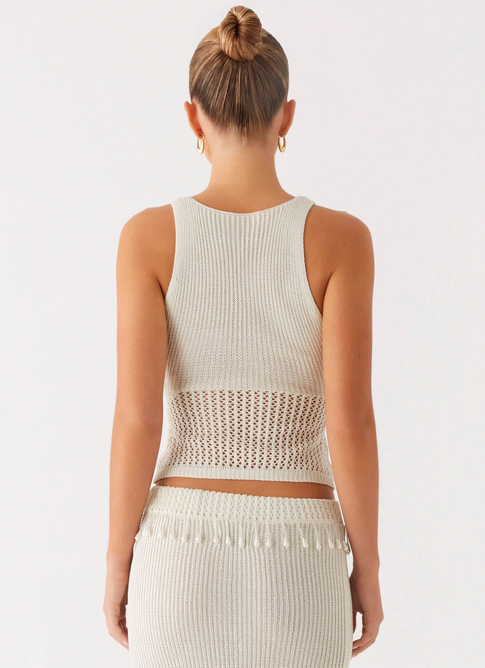 Basilia Knit Top - Off White perforated design Twist Front Design
