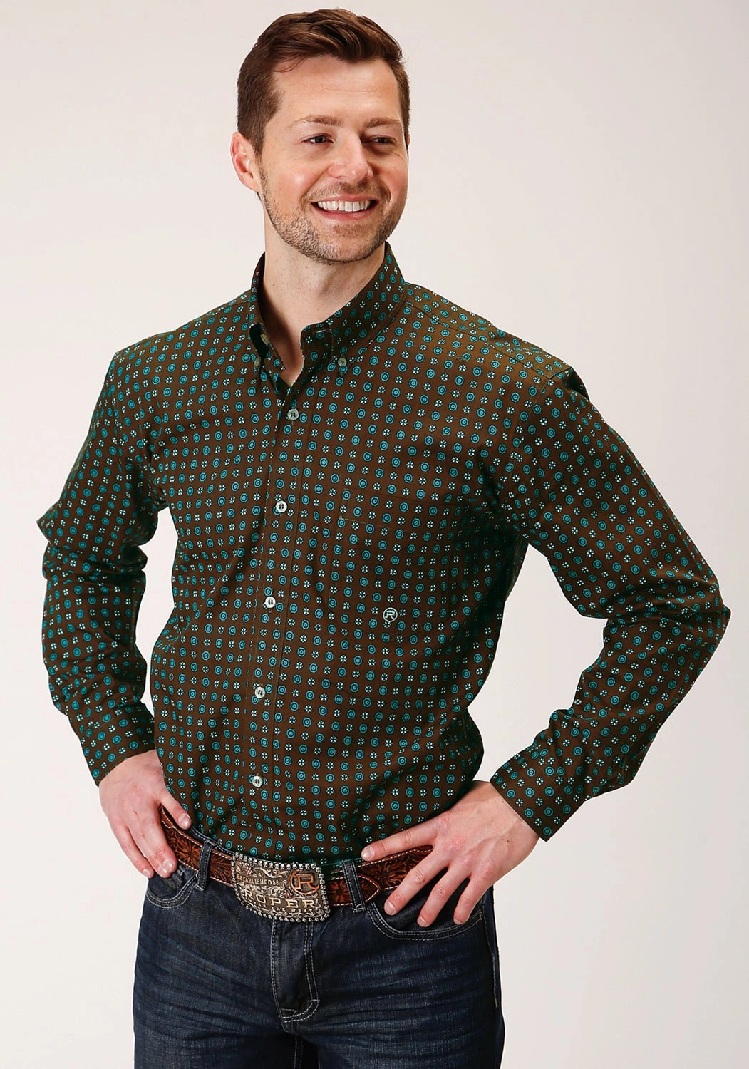 Roper Mens Chocolate 100% Cotton Agave Foulard BD L/S 1 Pkt Shirt Eye-Catching Pattern