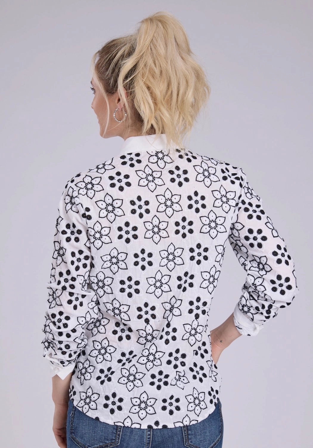 Interview Ready Roper Womens Floral Eyelet Western White/Black 100% Cotton L/S Blouse