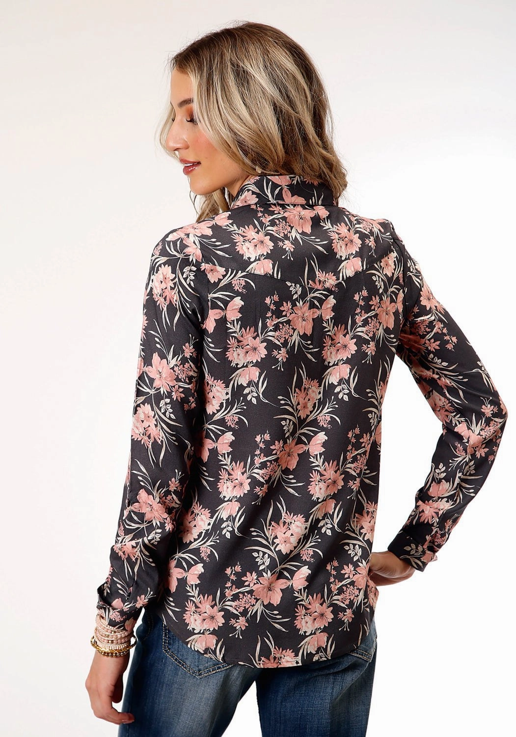 Timeless Classic Roper Womens Coral Floral Grey Rayon/Nylon L/S Blouse