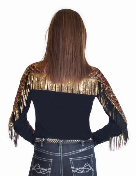 Cowgirl Tuff Womens Animal Fringe Black Polyester L/S Shirt Hooded Option