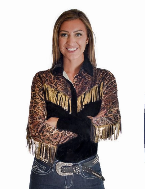 Cowgirl Tuff Womens Animal Fringe Black Polyester L/S Shirt Pastel Shade holiday season
