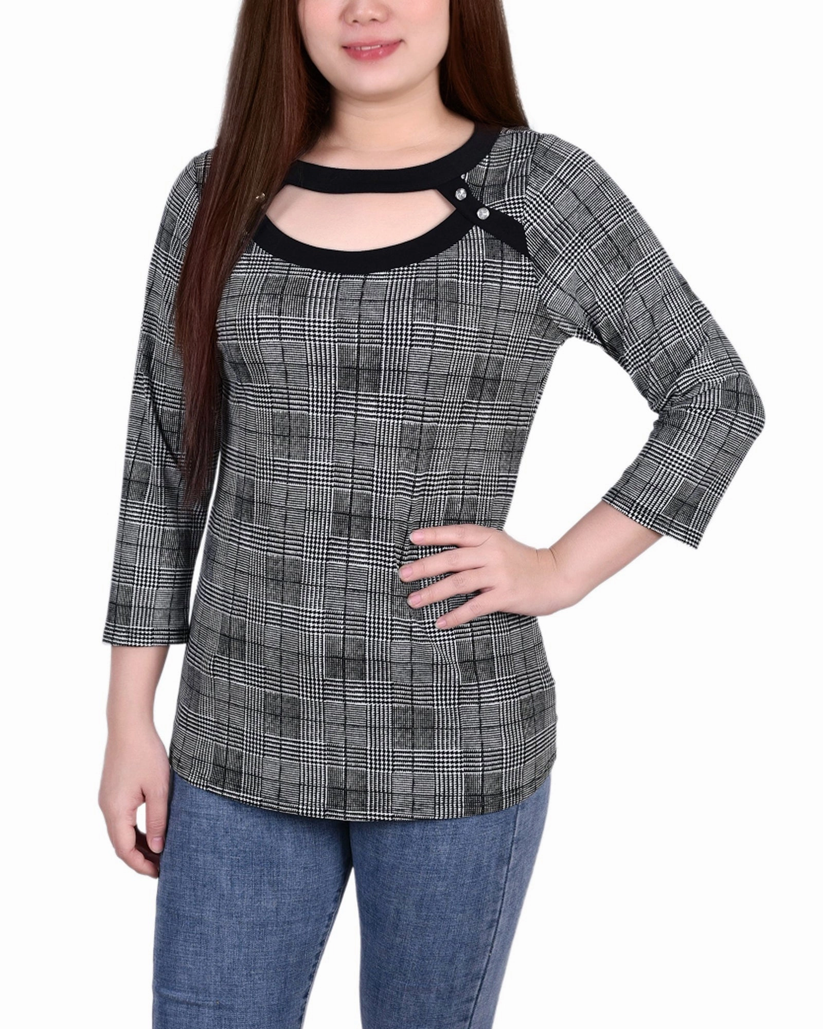 Petite 3/4 Sleeve Top With Combo Bands And Front Cutout Layered Texture