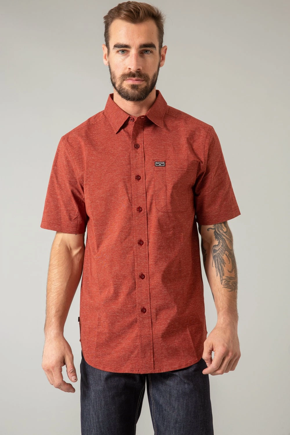 Cooling Core Technology Kimes Ranch Mens Linville Solid Red Cotton blend S/S Shirt
