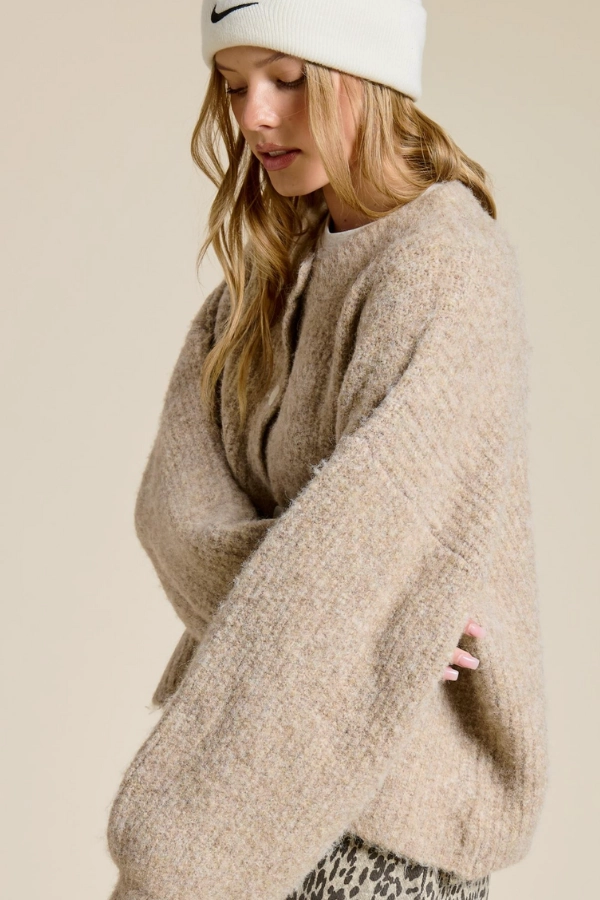 Non Restrictive Cut Balloon Sleeve Knit Cardigan - Mocha
