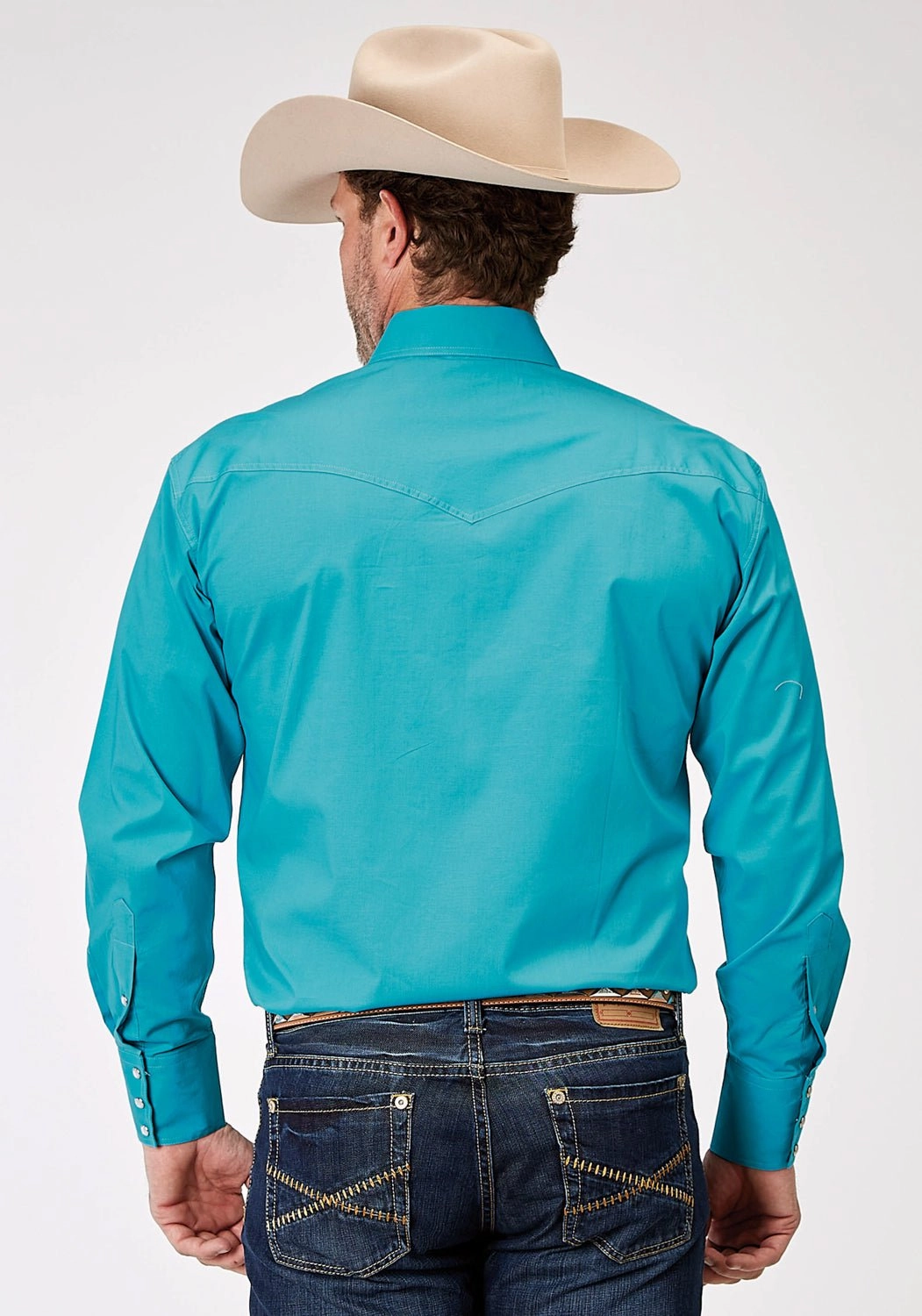 High-End Fashion Roper Mens Poplin Stretch Turquoise Cotton Blend L/S Shirt