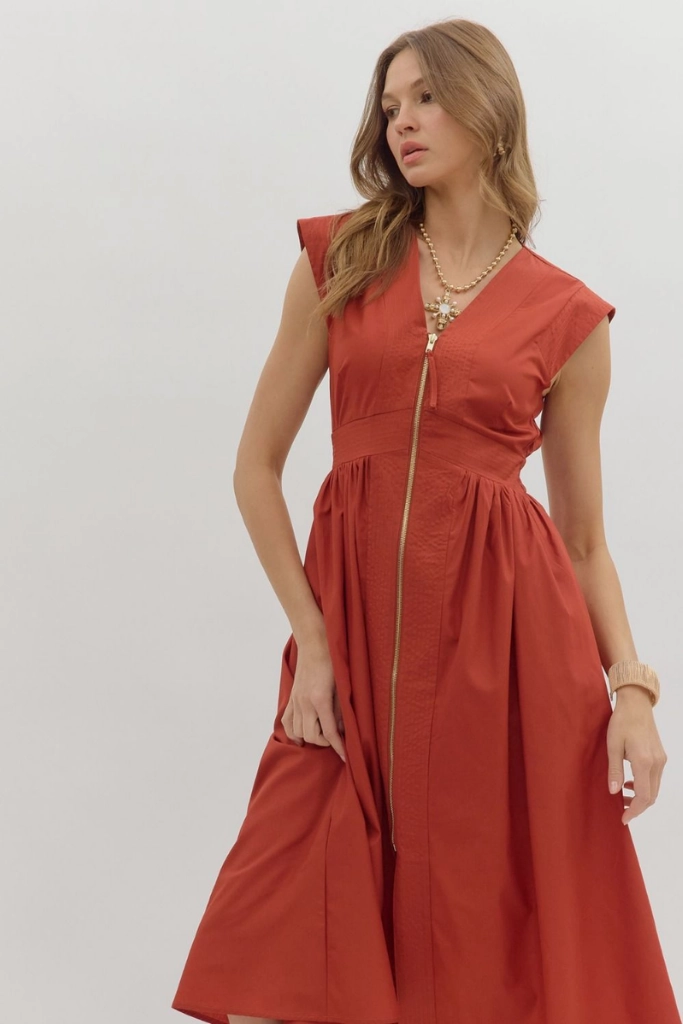 relaxed elegance Elizabeth Zip Front Midi Dress in Brick