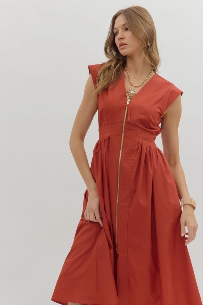 Sleek Outline Elizabeth Zip Front Midi Dress in Brick