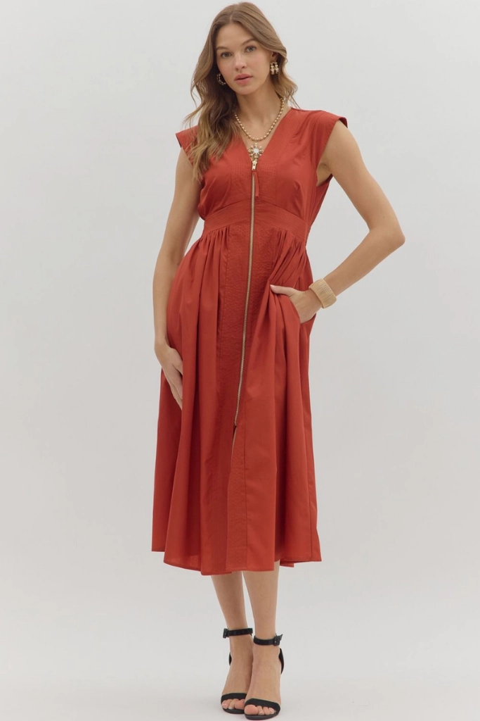 Elizabeth Zip Front Midi Dress in Brick All Gender